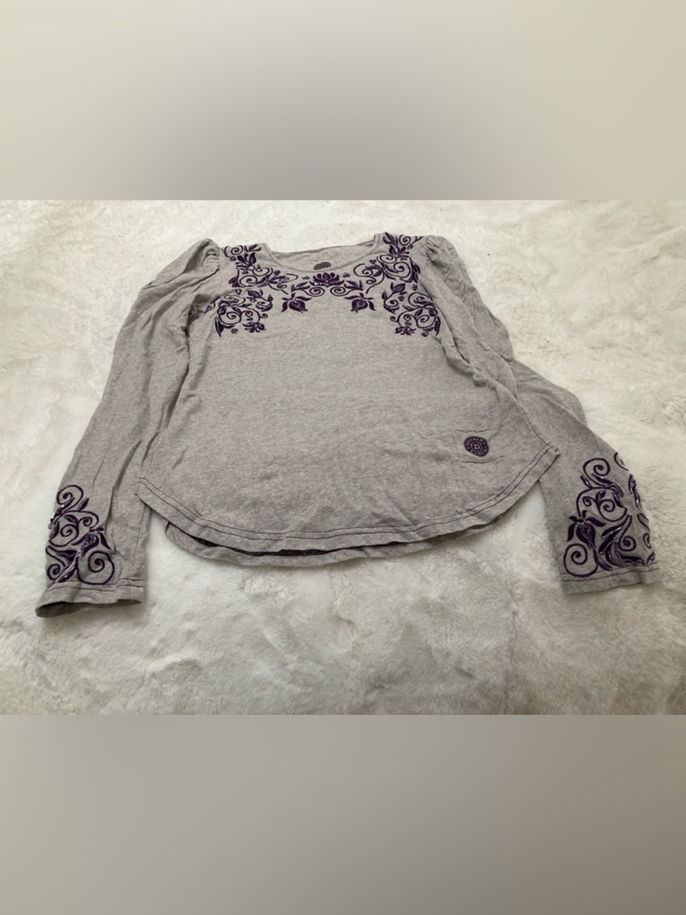 Double D Ranch Gray Long Sleeve Top with Purple Embroidered Yoke